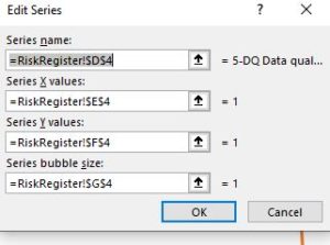 MS Excel Edit Series Screen with Series name, X values, Y values, and bubble size fields mapped to a cell in the workbook